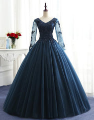 Party Dresses For Babies, Charming Long Sleeves Navy Blue Tulle Party Gown, Navy Blue Prom Dress