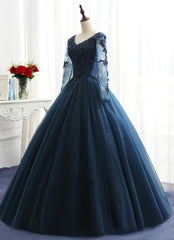 Party Dress Baby, Charming Long Sleeves Navy Blue Tulle Party Gown, Navy Blue Prom Dress