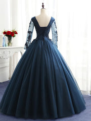 Casual Dress, Charming Long Sleeves Navy Blue Tulle Party Gown, Navy Blue Prom Dress