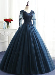 Party Dress For Baby, Charming Long Sleeves Navy Blue Tulle Party Gown, Navy Blue Prom Dress