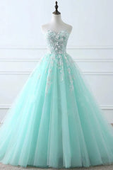 Party Dress Dress Code, Charming Mint Green Tulle Ball Gown Sweet 16 Dress, Lace Applique Prom Dress