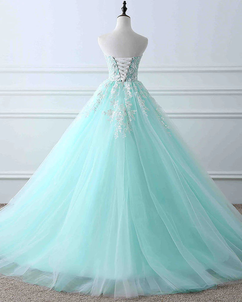 Party Dress Long, Charming Mint Green Tulle Ball Gown Sweet 16 Dress, Lace Applique Prom Dress