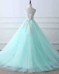 Party Dress Long, Charming Mint Green Tulle Ball Gown Sweet 16 Dress, Lace Applique Prom Dress