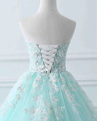 Party Dresses Long, Charming Mint Green Tulle Ball Gown Sweet 16 Dress, Lace Applique Prom Dress