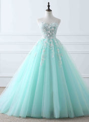 Party Dress Brands, Charming Mint Green Tulle Ball Gown Sweet 16 Dress, Lace Applique Prom Dress