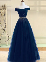 Evening Dress Classy, Charming Navy Blue Off Shoulder Floor Length Beaded Party Dress, Party Dress