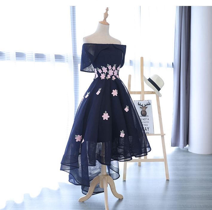 Party Dress Midi With Sleeves, Charming Navy Blue Tulle Party Dress with Flowers, Cute Prom Dress
