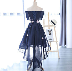 Strapless Prom Dress, Charming Navy Blue Tulle Party Dress with Flowers, Cute Prom Dress
