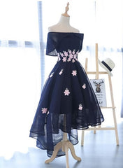 Dinner Dress Classy, Charming Navy Blue Tulle Party Dress with Flowers, Cute Prom Dress