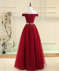 Evening Dress Maxi Long Sleeve, Charming Off Shoulder Tulle Beaded Prom Gown, Wine Red Long Junior Prom Dress