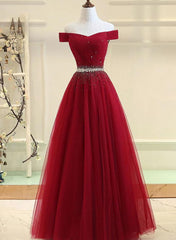 Evening Dresses, Charming Off Shoulder Tulle Beaded Prom Gown, Wine Red Long Junior Prom Dress