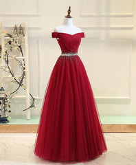 Evening Dresses Velvet, Charming Off Shoulder Tulle Beaded Prom Gown, Wine Red Long Junior Prom Dress