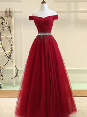 Evening Dress Long Sleeve Maxi, Charming Off Shoulder Tulle Beaded Prom Gown, Wine Red Long Junior Prom Dress