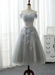 Formal Dress Fall, Charming Off-the-shoulder Homecoming Dress, Short A-line Tulle Gray Party Dress