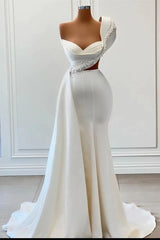 Evening Dress Long, Charming One Shoulder Mermaid Sleeveless Asymmetrical Stretch Satin Prom Dress