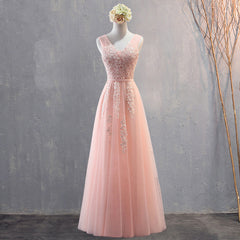 Bridesmaid Dress For Beach Wedding, Charming Pearl Pink Tulle Simple Party Dress with Lace, V-neckline Long Formal Dress