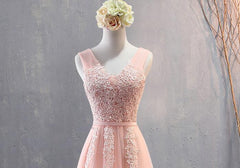 Bridesmaid Dresses For Beach Wedding, Charming Pearl Pink Tulle Simple Party Dress with Lace, V-neckline Long Formal Dress