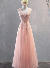 Bridesmaid Dresses Beach Wedding, Charming Pearl Pink Tulle Simple Party Dress with Lace, V-neckline Long Formal Dress
