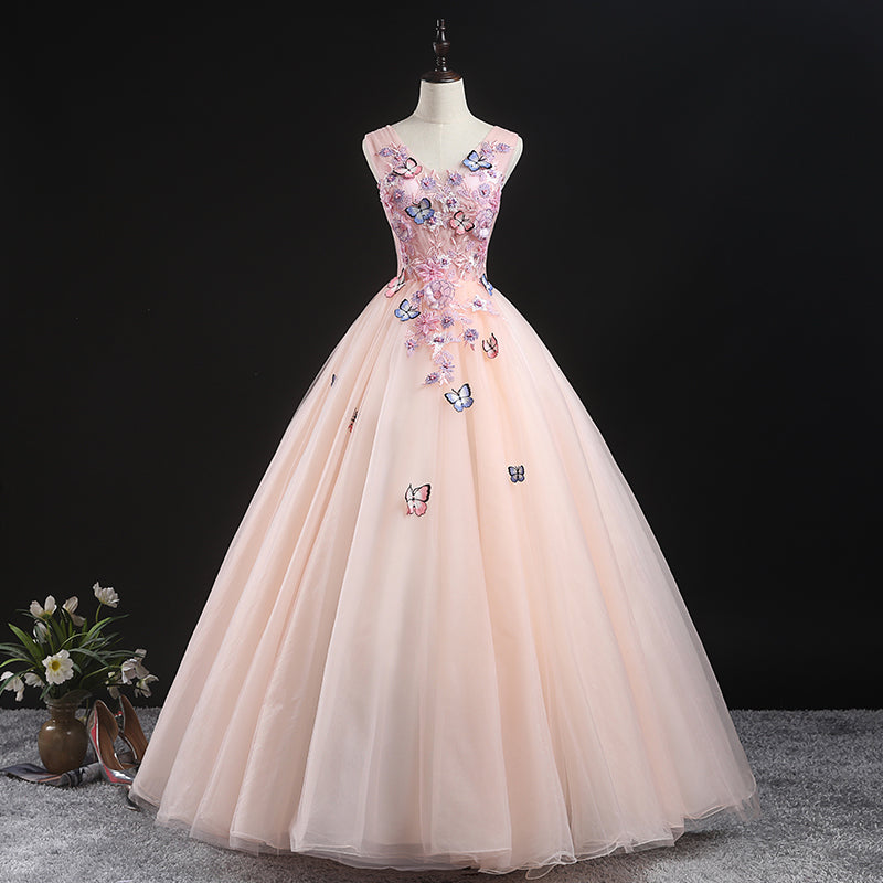Wedding Bouquet, Charming Pink Flowers Ball Gown Long Sweet 16 Dress, Pink Prom Dress