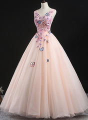 Elegant Wedding Dress, Charming Pink Flowers Ball Gown Long Sweet 16 Dress, Pink Prom Dress