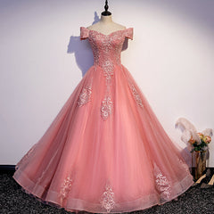 Wedding Color Schemes, Charming Pink Off Shoulder Lace Applique Sweetheart Party Dress, Pink Prom Dress