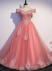 Winter Wedding, Charming Pink Off Shoulder Lace Applique Sweetheart Party Dress, Pink Prom Dress