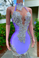 Evening Dresses Wedding, Charming Purple Long Mermaid Halter Satin Tulle Prom Dress