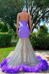 Evening Dress Wedding, Charming Purple Long Mermaid Halter Satin Tulle Prom Dress