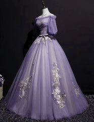 Bridesmaids Dress Color, Charming Purple Short Sleeves Tulle Puffy Long Formal Dress, Lovely Evening Dress Party Dress