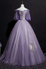 Bridesmaid Dresses Color, Charming Purple Short Sleeves Tulle Puffy Long Formal Dress, Lovely Evening Dress Party Dress