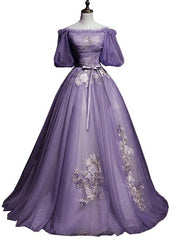 Bridesmaid Dresses Colors, Charming Purple Short Sleeves Tulle Puffy Long Formal Dress, Lovely Evening Dress Party Dress