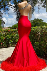 Evening Dresses Stores, Charming Red Long Mermaid Tassel One Shoulder Satin Backless Prom Dress