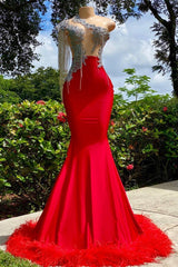 Evening Dress Stores, Charming Red Long Mermaid Tassel One Shoulder Satin Backless Prom Dress