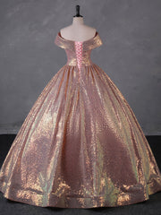 Prom Dresses Green Emerald, Charming Rose Gold Sequins Long Party Dress, Off Shoulder Sequins Prom Dress