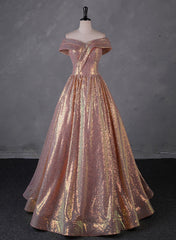 Prom Dresses Gold, Charming Rose Gold Sequins Long Party Dress, Off Shoulder Sequins Prom Dress