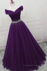 Evening Dress Elegant, Charming Sequins Off Shoulder Dark Purple Long Prom Dress, Off the Shoulder Dark Purple Formal Evening Dress