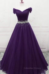 2057 Prom Dress, Charming Sequins Off Shoulder Dark Purple Long Prom Dress, Off the Shoulder Dark Purple Formal Evening Dress