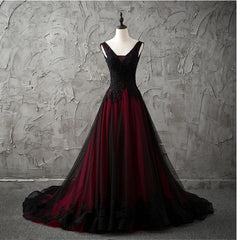 Bridesmaids Dresses With Sleeves, Charming Sleeveless Black and Red Lace Appliques Beaded Party Dress, Low Back Prom Dress