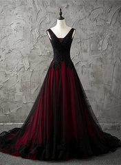 Bridesmaids Dresses Beach, Charming Sleeveless Black and Red Lace Appliques Beaded Party Dress, Low Back Prom Dress