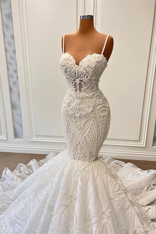Wedding Dresses Bridesmaid, Charming Sleeveless Spaghetti Straps Mermaid Wedding Dress with Ruffles