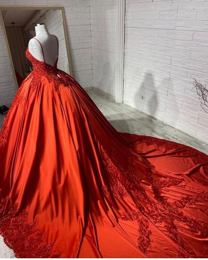 Wedding Dress Style, Charming Spaghetti Straps V Neck Aline Wedding Dress Orange Floral Appliques