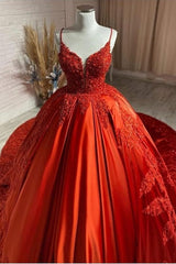 Wedding Dress Long Sleeve, Charming Spaghetti Straps V Neck Aline Wedding Dress Orange Floral Appliques