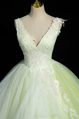 Prom Dress For Teens, Charming Tulle Lace Green Prom Dresses, V-Neck Sleeveless Floor-Length Formal Evening Dresses