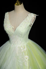 Prom Dress V Neck, Charming Tulle Lace Green Prom Dresses, V-Neck Sleeveless Floor-Length Formal Evening Dresses