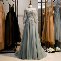 Prom Dresses Modest, Charming Tulle Long Sleeves Beaded and Lace Long Party Dress, A-line Tulle Formal Gown
