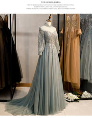 Prom Dress Curvy, Charming Tulle Long Sleeves Beaded and Lace Long Party Dress, A-line Tulle Formal Gown