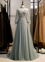 Prom Dresses 2022 Blue, Charming Tulle Long Sleeves Beaded and Lace Long Party Dress, A-line Tulle Formal Gown
