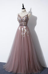 Party Dress Emerald Green, Charming V-neckline Flowers Dark Pink Prom Gown, Long Formal Dress