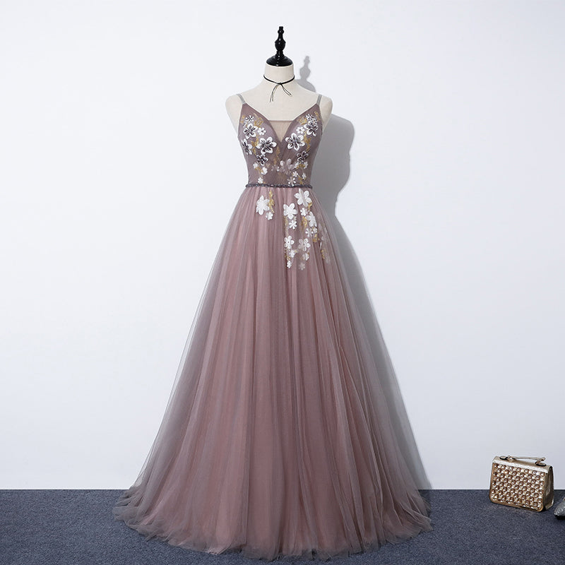 Party Dress Nye, Charming V-neckline Flowers Dark Pink Prom Gown, Long Formal Dress