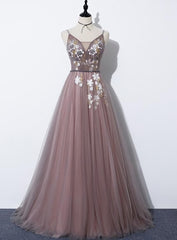 Party Dress Over 41, Charming V-neckline Flowers Dark Pink Prom Gown, Long Formal Dress